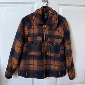 Forever 21 Fleece Plaid Jacket Womens M Full Zip Brown‎ Blue Fall Shacket